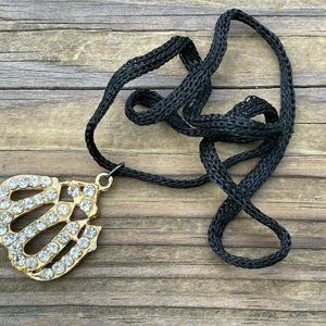 ALLAH Necklace Gold Tone Crystals Accent Fashion Religious Jewelry W/ Black Cord